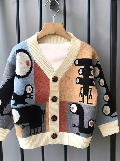 Boys' Cozy Knit Cardigan Sweater, Cartoon Design, V-Neck, Stretchy, Machine Washable - Hiccupzz