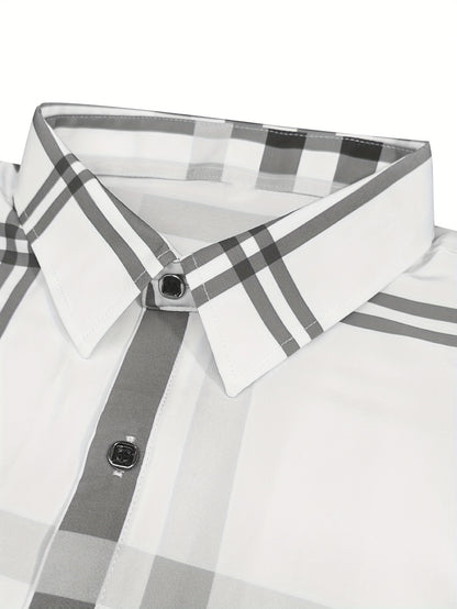Slim Fit Plaid Button-Down Shirt with Hexagon Buttons and Silver Edging, Men's Preppy Casual Style - Hiccupzz