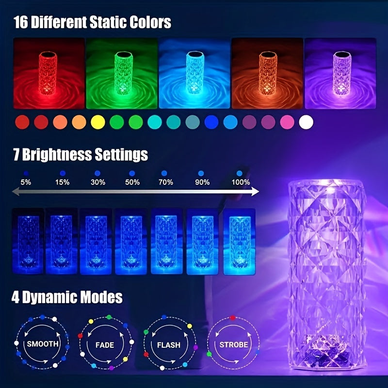 1 Pc 16-Color RGB Rose Crystal Table Lamp - Touch & Remote Control Color