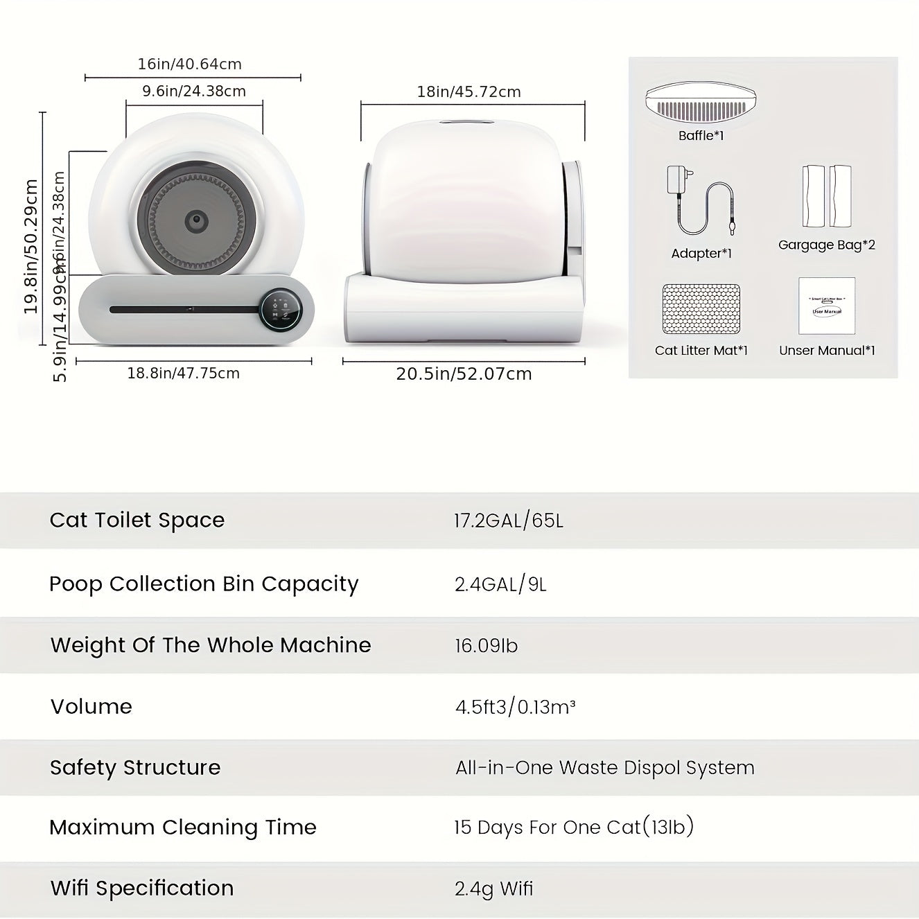 Self-Cleaning Cat Litter Box, 17.17 gal Capacity, APP-Controlled, Automatic Odor Removal