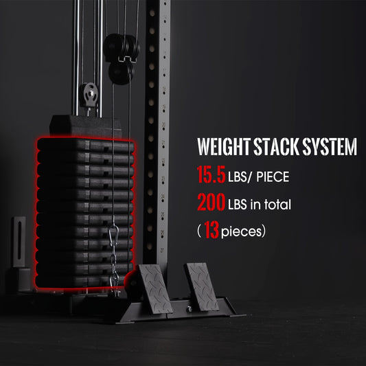 200lb Weight Stack Cable Crossover Machine - Wall-Mounted Dual Pulley System with 27 Positions & Pull-Down Station