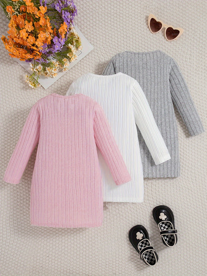 3 Pcs Girls Ribbed Knit Dress Set, Comfy & Elegant, Spring/Fall Dresses - Hiccupzz