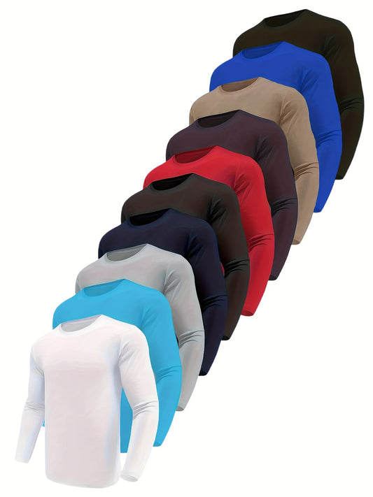 10-Pack Men's Quick-Dry Long Sleeve T-Shirts - Moisture-Wicking, Casual Workout and Leisure Tops