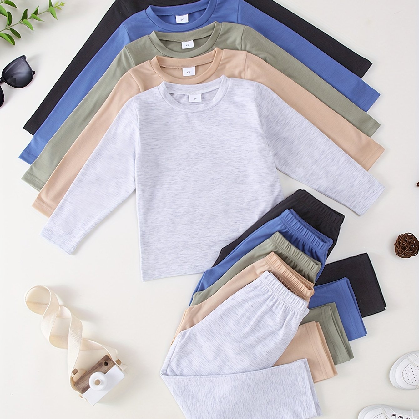 10-Pack of Boys' Plain Color Casual Thin, Soft, and Comfortable Knitted Long Sleeve T-Shirt and Pants Set – Ideal for Outdoors