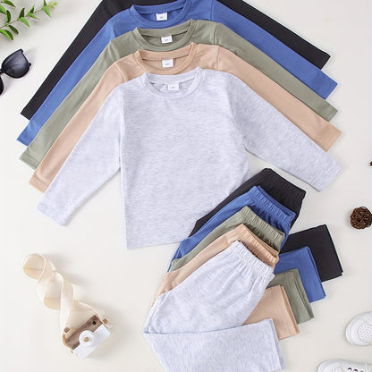 10-Pack of Boys' Plain Color Casual Thin, Soft, and Comfortable Knitted Long Sleeve T-Shirt and Pants Set – Ideal for Outdoors