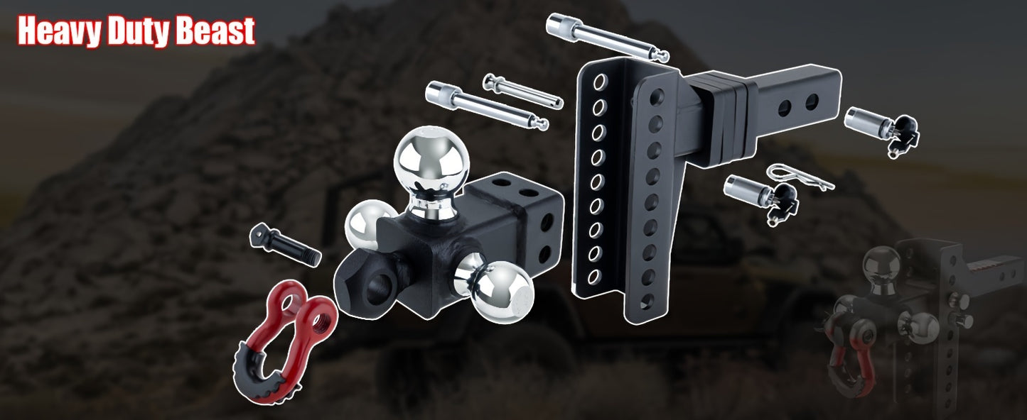 Adjustable Heavy-Duty Trailer Hitch - Tri-Ball Mount with Locks, Pin, & Rotatable Tow Shackle