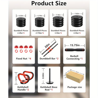 Adjustable Dumbbell Set: 20-90lbs, 4-in-1 Weight Set for Home Gym, Barbell, Kettlebell, Push-up, Men & Women Fitness Workout Equipment - Hiccupzz