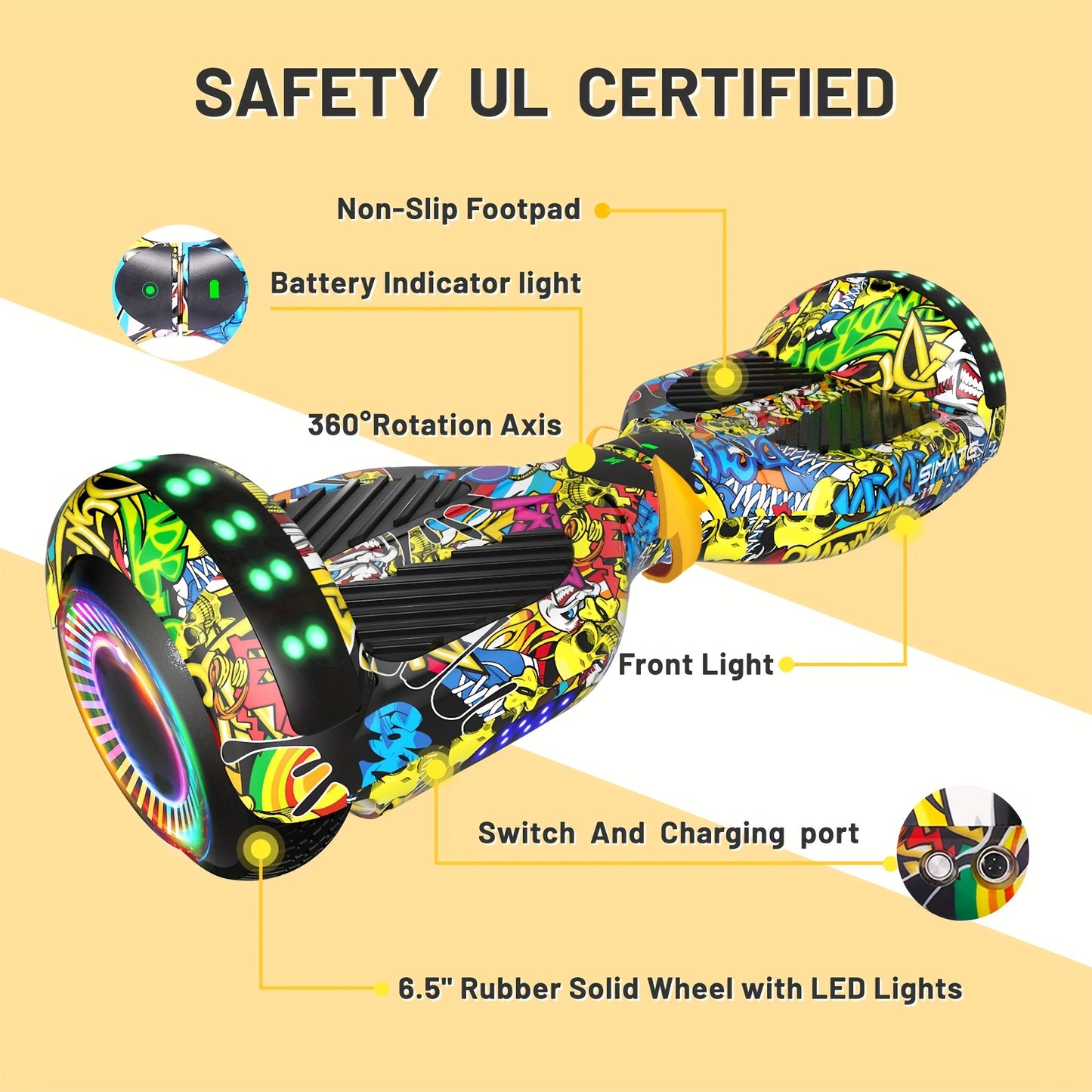 SIMATE 6.5" Hoverboard with Colorful LED Lights, Self Balancing Hover Boards for All Ages