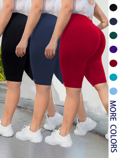 3-Pack Plus Size Yoga Shorts For Women, High Waist Peach Lift, Stretchy, Butt-lifting, High Elasticity, Fitness Activewear, Quick-Dry, Seamless Sport Shorts Set - Hiccupzz