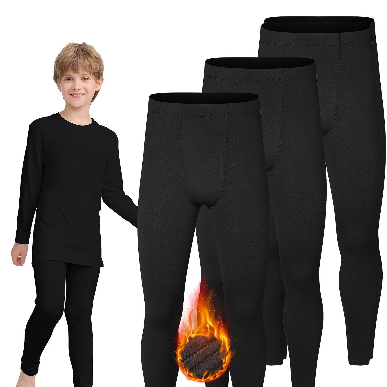 3-Piece Boys' Fleece-Lined Quick-Dry Leggings - Cozy, Stretchy & Warm for Fall/Winter, Soft Fleece & Polyester Blend, Perfect for Outdoor Play & Sports