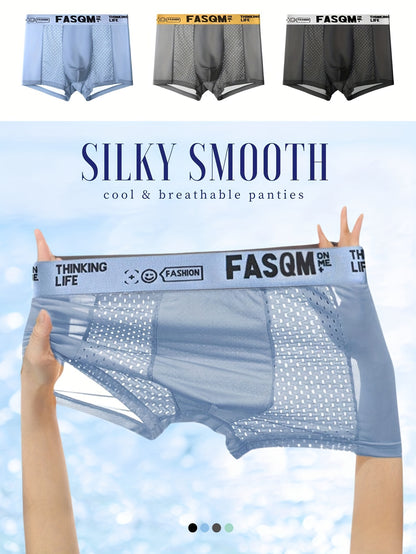 3-Pack Men's Ice Silk Breathable Mesh Boxer Briefs - Soft & Stretchy Comfy Underwear - Hiccupzz