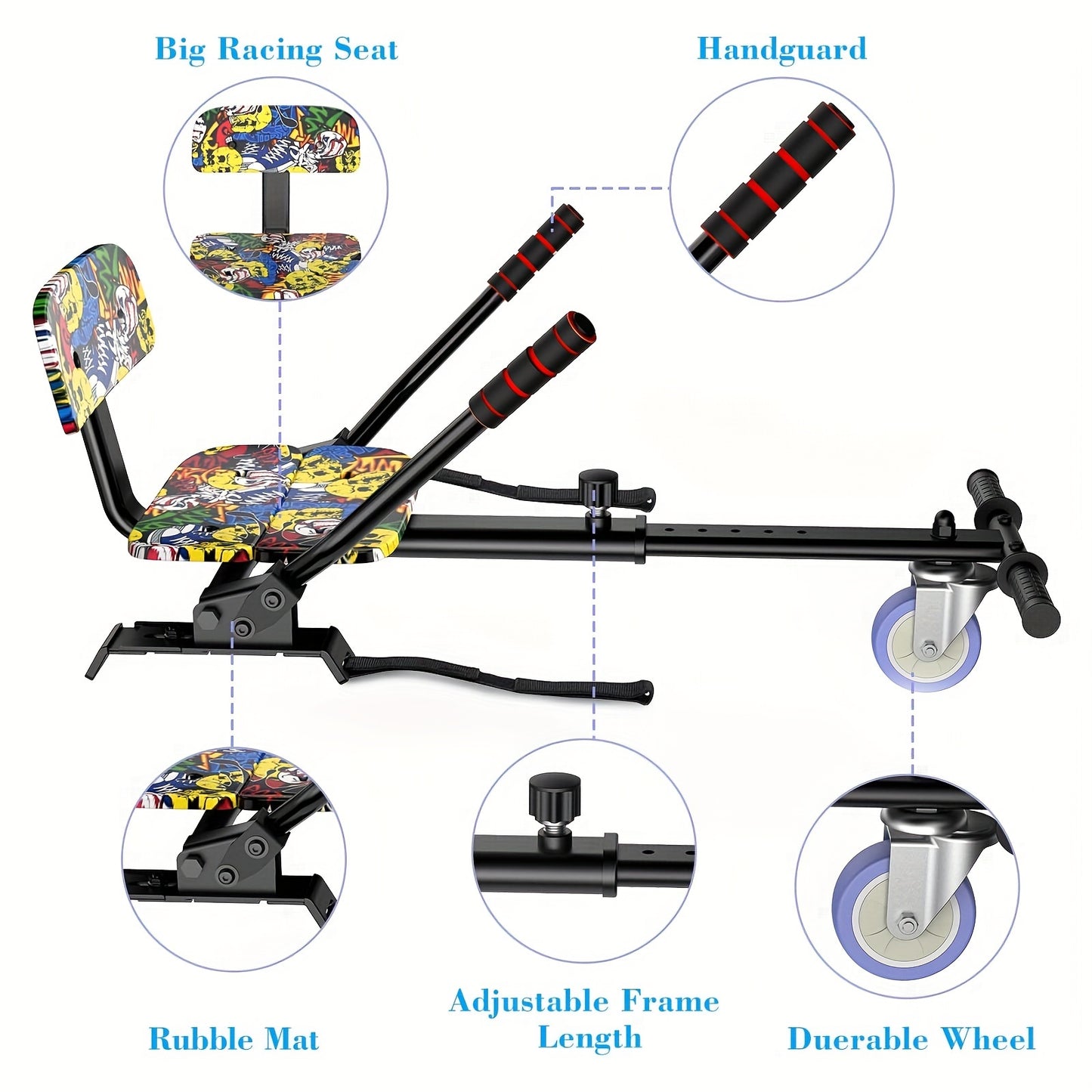 SISIGAD Hoverboard Kart Seat Attachment With Adjustable Frame Compatible With 6.5" 8" 8.5" 10" Two Wheel Self Balancing Scooter, Graffiti