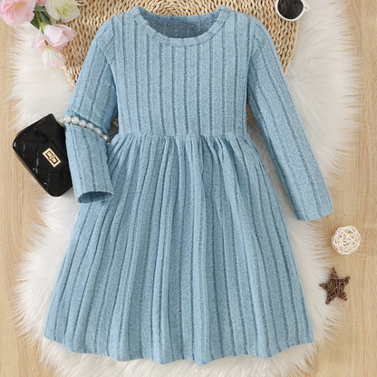 Girls Solid Color Dress, Simple Versatile, Round Neck, Long Sleeve - Hiccupzz