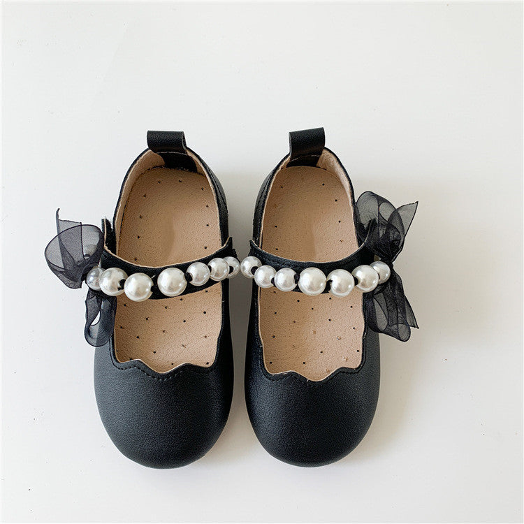 Girls Soft Bottom Pearl Bow Princess Shoes