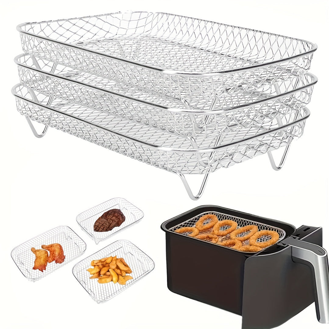 3-Tier Stainless Steel Air Fryer Accessory Set - Stackable, Dishwasher Safe for Ovens & Fryers, Perfect for Healthy Holiday Baking