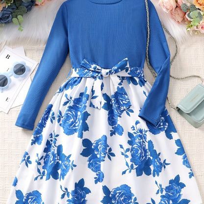Girls' Floral Spliced Dress, Long Sleeves, Round Neck, Belted, Party Dress - Hiccupzz