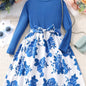 Girls' Floral Spliced Dress, Long Sleeves, Round Neck, Belted, Party Dress - Hiccupzz