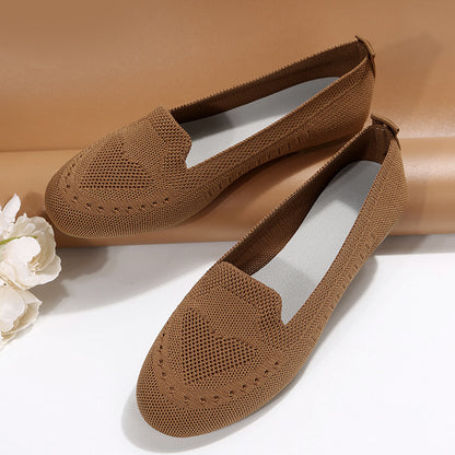 Women's Black Slip-On Flats - Breathable Knitted Round Toe Non-Slip Casual Lightweight Walking Shoes - Hiccupzz