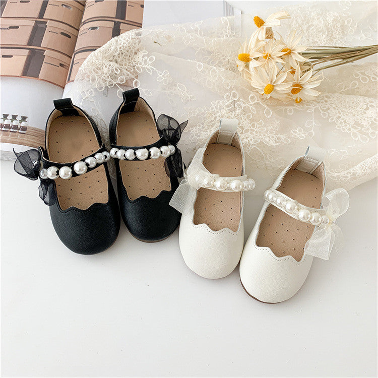 Girls Soft Bottom Pearl Bow Princess Shoes