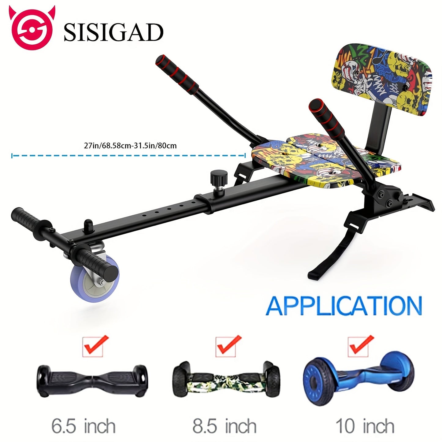 SISIGAD Hoverboard Kart Seat Attachment With Adjustable Frame Compatible With 6.5" 8" 8.5" 10" Two Wheel Self Balancing Scooter, Graffiti