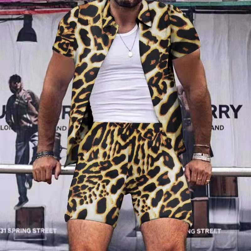 Men's Casual Comfortable Beach Leopard Print Short Sleeve Shorts Suit Two-piece Set