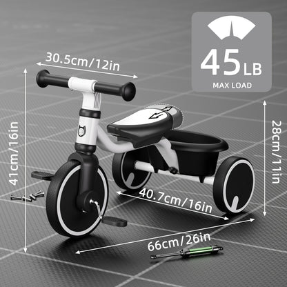 1.5-5 Years Toddler Balance Bike with Adjustable Seat, PU Wheels, Storage Basket, Easy to Assemble
