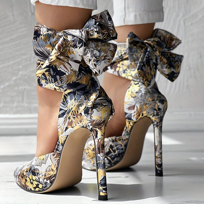 Floral Satin High Heels - Elegant Pointed Toe Lace Up Stilettos for Parties and Dressy Occasions - Hiccupzz