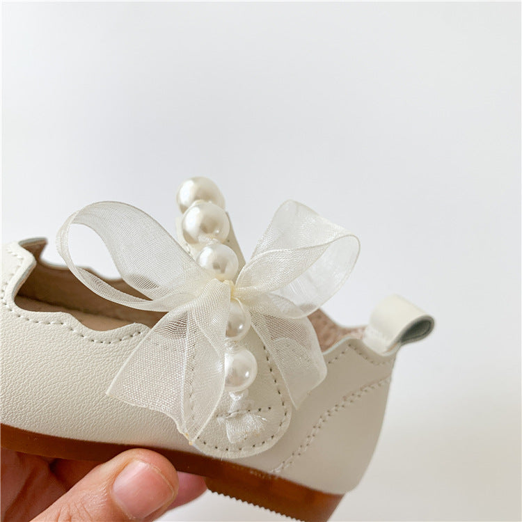 Girls Soft Bottom Pearl Bow Princess Shoes