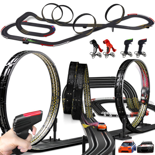 1 Set Hobby Stars High-Speed Race Car Track Set for Kids, 4 Controllers, 2 Power Methods, Durable PP Material, Interchangeable Loops, Battery-Free Operation