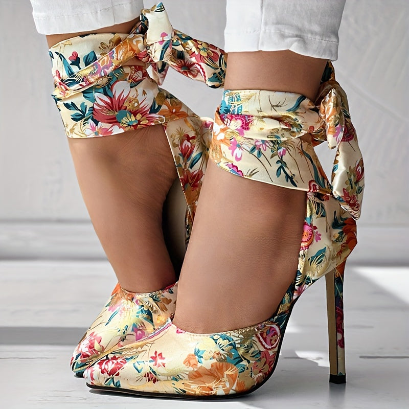 Floral Satin High Heels - Elegant Pointed Toe Lace Up Stilettos for Parties and Dressy Occasions