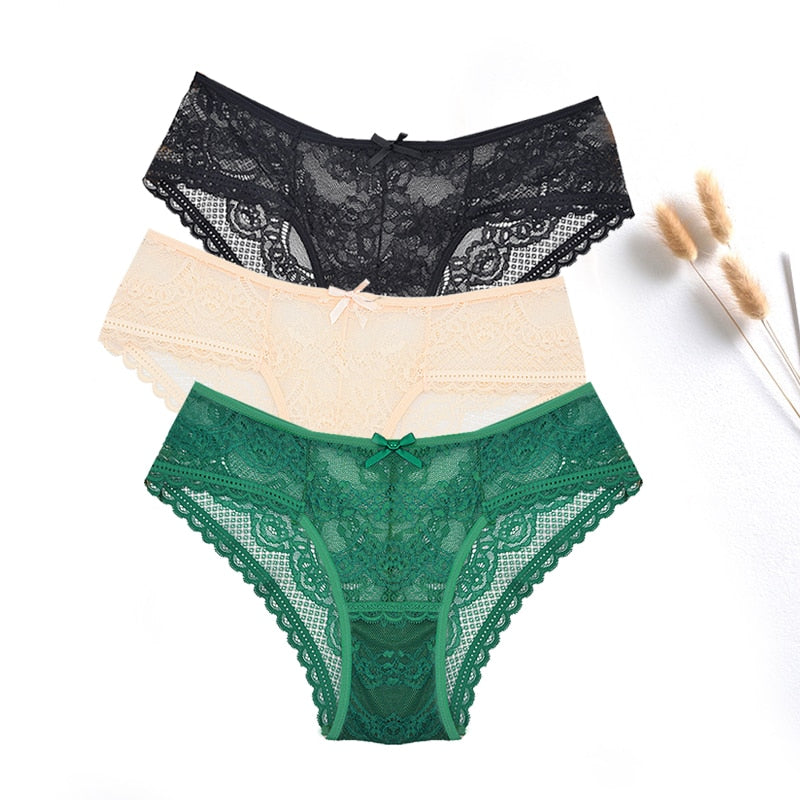 FallSweet  3 pcs / lot  ! Women Panties Sexy Lace Underwear Set  Plus Size Briefs Transparent Lingerie Femme