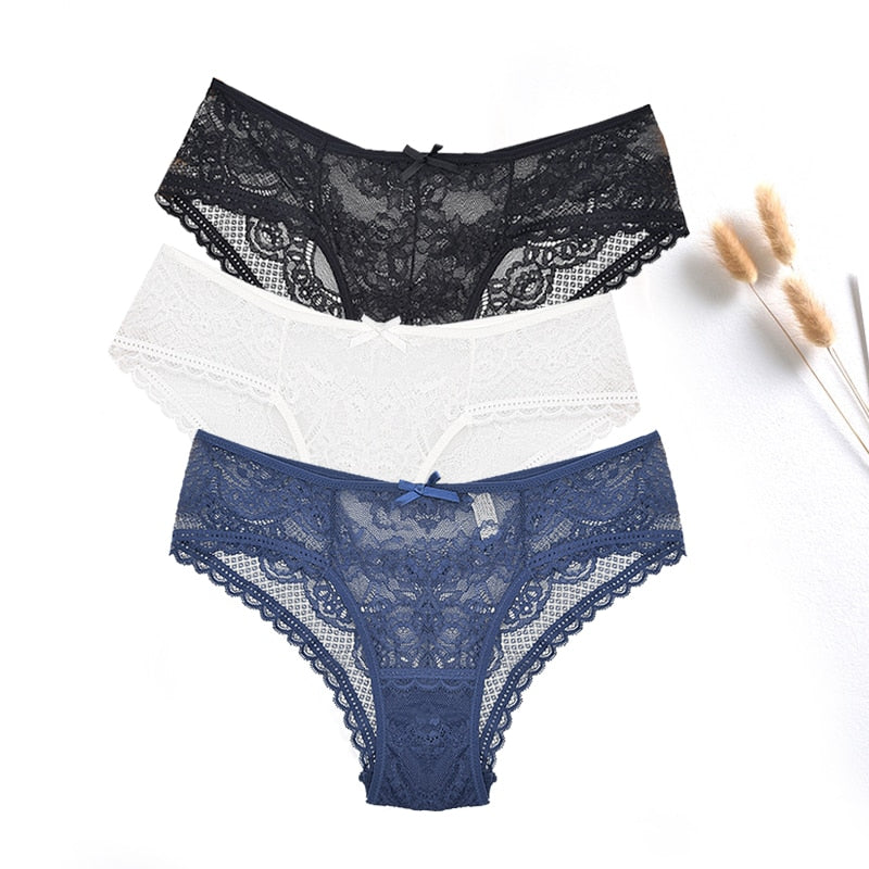 FallSweet  3 pcs / lot  ! Women Panties Sexy Lace Underwear Set  Plus Size Briefs Transparent Lingerie Femme