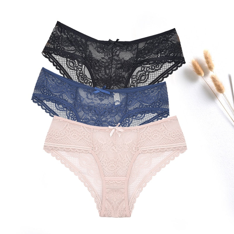 FallSweet  3 pcs / lot  ! Women Panties Sexy Lace Underwear Set  Plus Size Briefs Transparent Lingerie Femme