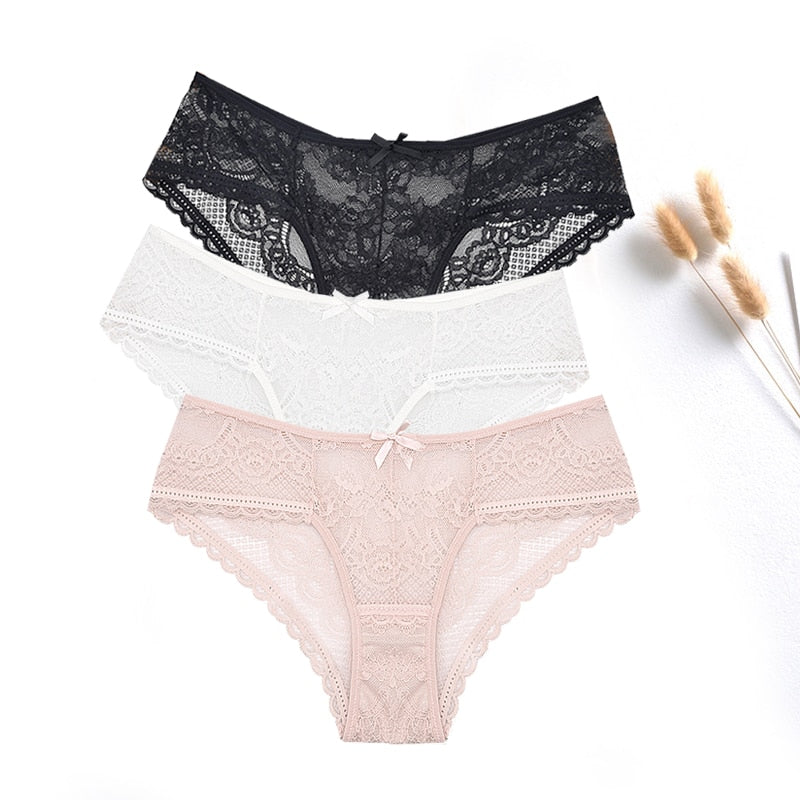 FallSweet  3 pcs / lot  ! Women Panties Sexy Lace Underwear Set  Plus Size Briefs Transparent Lingerie Femme