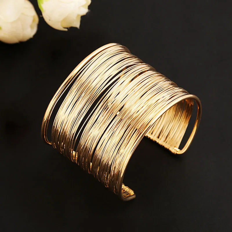 Punk Multilayer Metal Wire String Bracelets for Women, Vintage Exaggerated Gold Color Wide Open Cuff Bangles Jewelry - Hiccupzz
