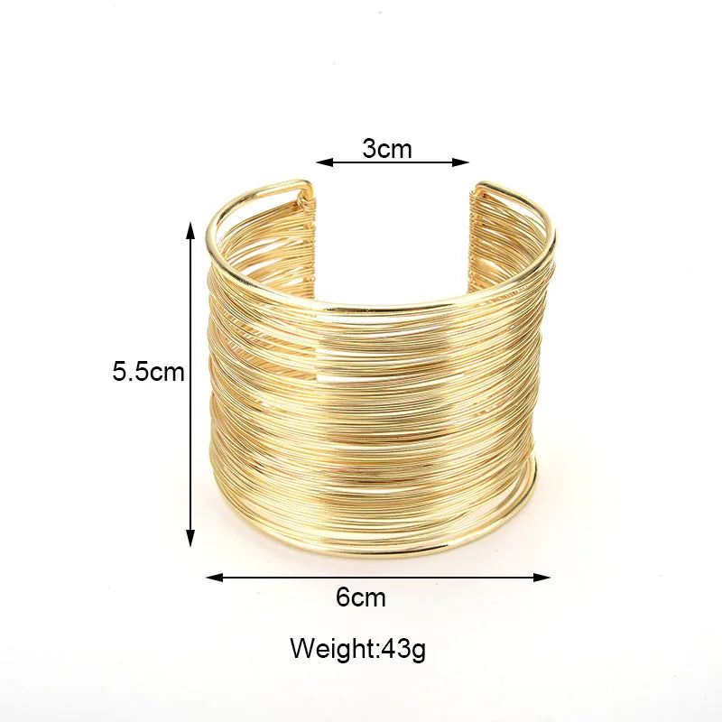 Punk Multilayer Metal Wire String Bracelets for Women, Vintage Exaggerated Gold Color Wide Open Cuff Bangles Jewelry - Hiccupzz