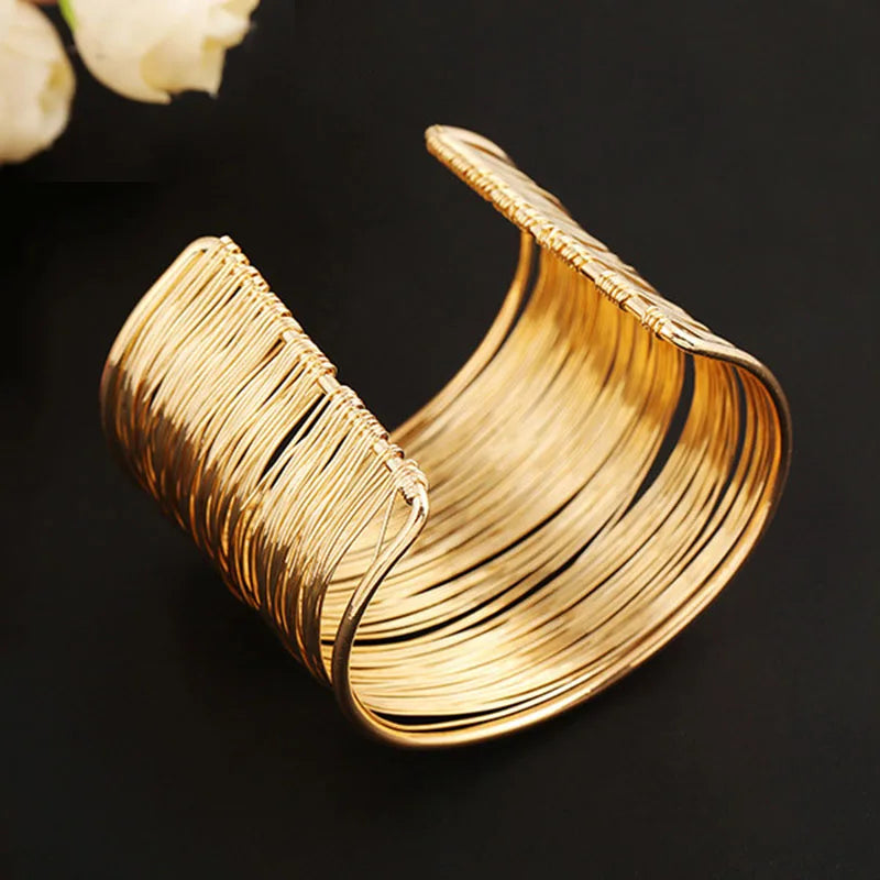Punk Multilayer Metal Wire String Bracelets for Women, Vintage Exaggerated Gold Color Wide Open Cuff Bangles Jewelry - Hiccupzz