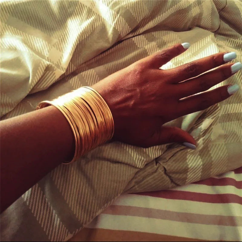 Punk Multilayer Metal Wire String Bracelets for Women, Vintage Exaggerated Gold Color Wide Open Cuff Bangles Jewelry - Hiccupzz