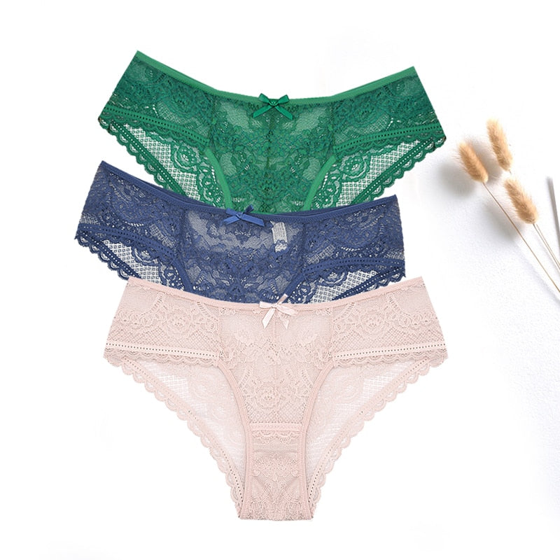 FallSweet  3 pcs / lot  ! Women Panties Sexy Lace Underwear Set  Plus Size Briefs Transparent Lingerie Femme