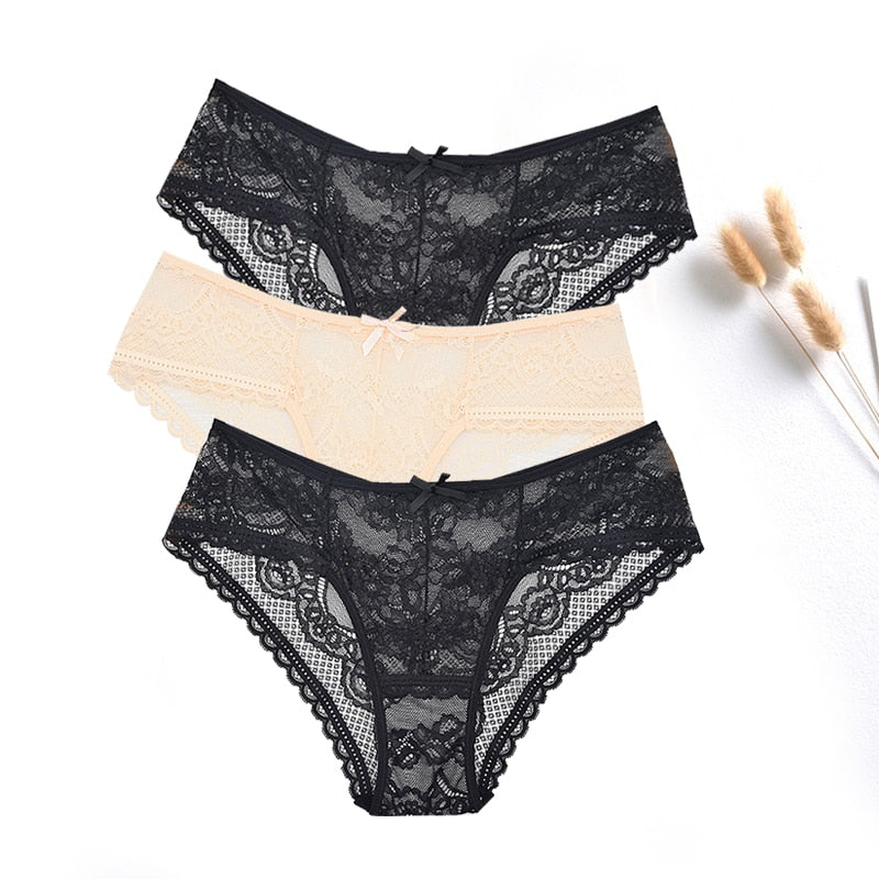 FallSweet  3 pcs / lot  ! Women Panties Sexy Lace Underwear Set  Plus Size Briefs Transparent Lingerie Femme