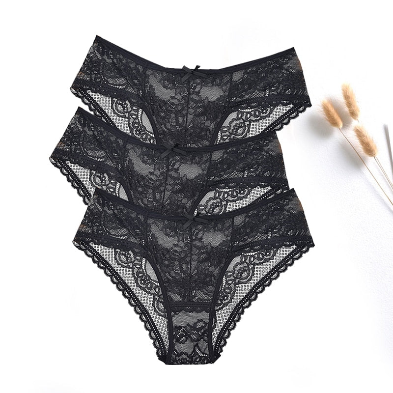 FallSweet  3 pcs / lot  ! Women Panties Sexy Lace Underwear Set  Plus Size Briefs Transparent Lingerie Femme