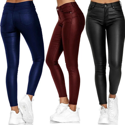 Women's High Waist PU Leather Pencil Pants – Elastic, Skinny - Hiccupzz
