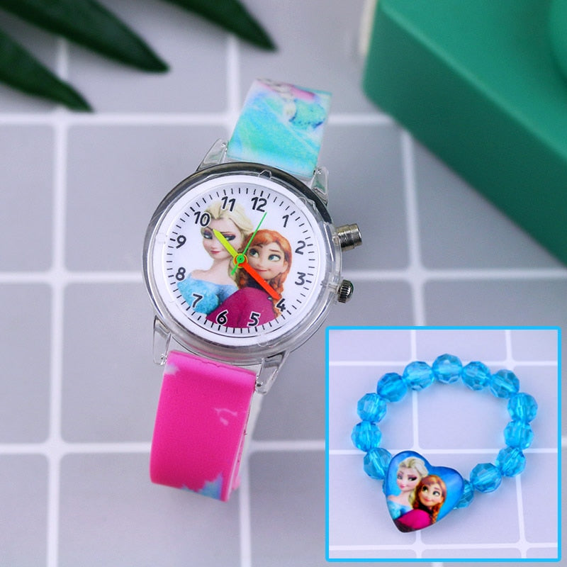 Cartoon Flash Light Girls Watches with Bracelet Silicone Strap