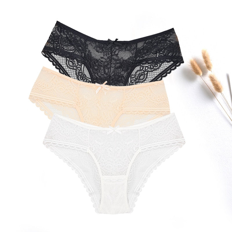 FallSweet  3 pcs / lot  ! Women Panties Sexy Lace Underwear Set  Plus Size Briefs Transparent Lingerie Femme