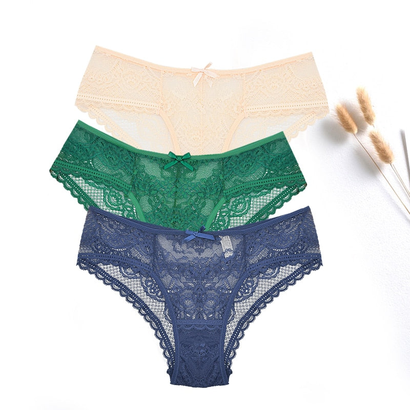 FallSweet  3 pcs / lot  ! Women Panties Sexy Lace Underwear Set  Plus Size Briefs Transparent Lingerie Femme