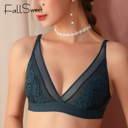 FallSweet Sexy Wireless Bras for Women Ultra Thin Lace Bralette Deep V Plunge Bra - Hiccupzz