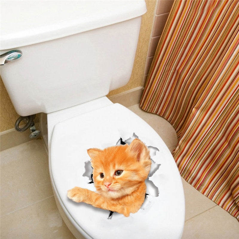 3d Hole Cat Dog Animal Toilet Kitten and Puppy's Stickers