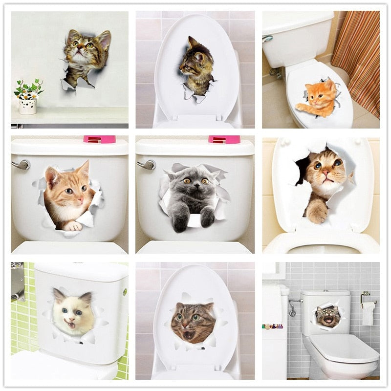 3d Hole Cat Dog Animal Toilet Kitten and Puppy's Stickers