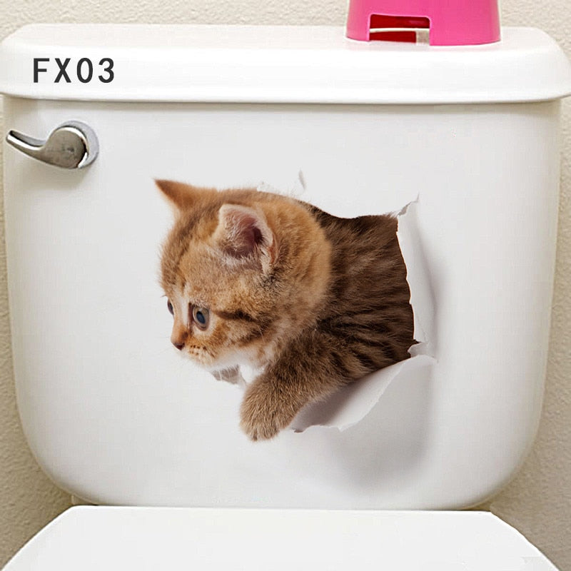 3d Hole Cat Dog Animal Toilet Kitten and Puppy's Stickers