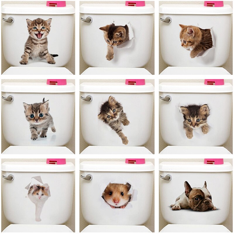 3d Hole Cat Dog Animal Toilet Kitten and Puppy's Stickers